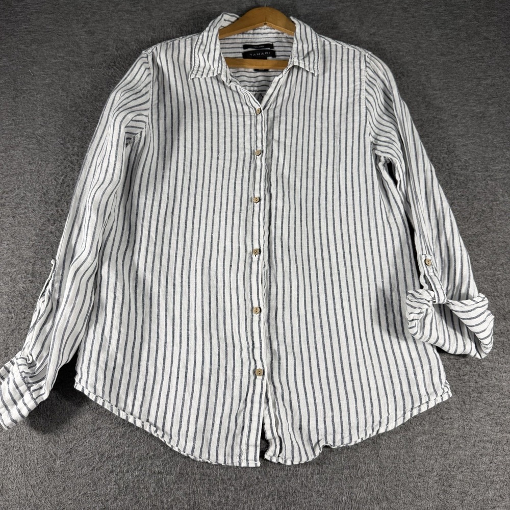 Tahari Linen Shirt  Button Up Roll Tab Sleeves Striped Navy Or Gray White SZ M